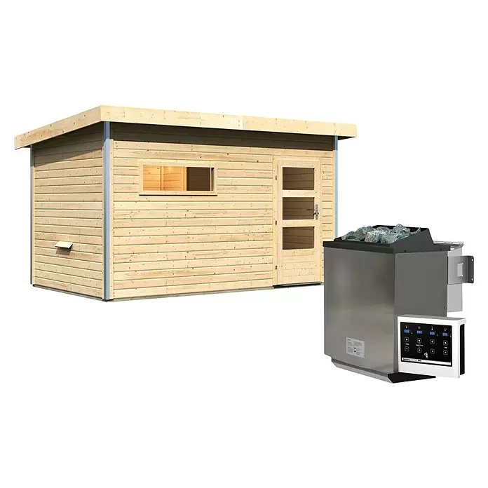 Karibu Saunahaus Danga - 9 kW Bio-Saunaofen mit externer Steuerung, Natur, L x B x H: 231 x 396 x 227 cm - Ein helles Holzsaunahaus mit Fenster und Tür, daneben ein silberner Saunaofen mit digitalem Bedienfeld und Saunasteinen.