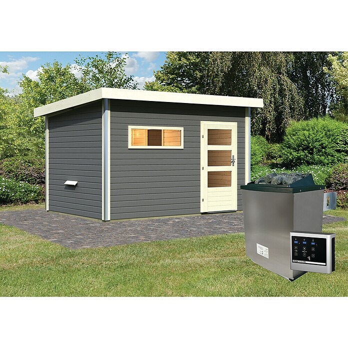 Karibu Saunahaus Danga (9 kW Saunaofen mit externer Steuerung, Terragrau, L x B x H: 231 x 396 x 227 cm) | BAUHAUS