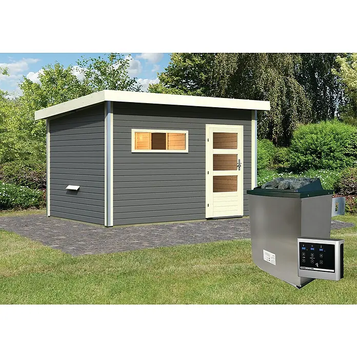 Karibu Saunahaus Danga - 9 kW Saunaofen mit externer Steuerung, Terragrau, L x B x H: 231 x 396 x 227 cm - Ein graues Gartenhaus mit einem Saunaofen im Freien, der das Saunaerlebnis im Freien vervollständigt.