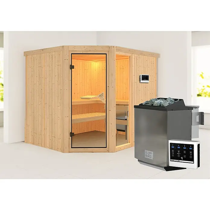 Karibu Elementsauna Mulilo - 9 kW Bio-Saunaofen mit externer Steuerung, L x B x H: 196 x 231 x 198 cm - Elegante Ecksauna mit Holzwänden, Glastür und einem modernen Saunaofen mit Steinen. Ein Bedienfeld ermöglicht die einfache Steuerung der Sauna.