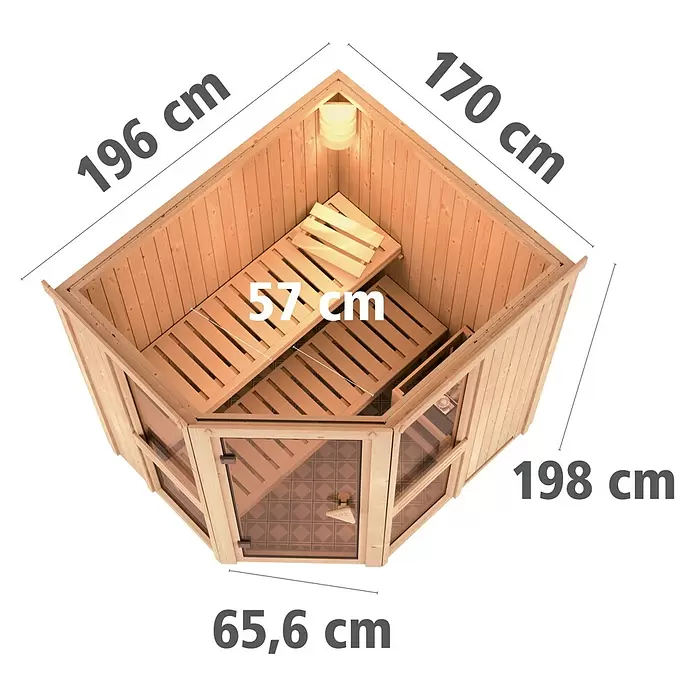 Karibu Massivholzsauna Arandis - 9 kW Saunaofen mit externer Steuerung, L x B x H: 184 x 210 x 198 cm - Ecksauna aus hellem Holz mit Glastür, zwei Bänken und Lampe. Maße: 196x170x198 cm, Tür 65,6 cm, Banktiefe 57 cm.