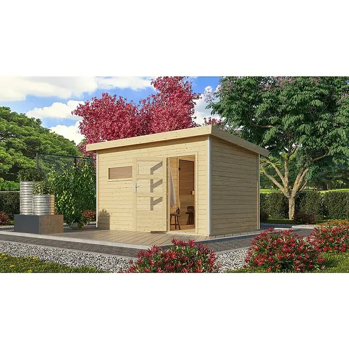 Karibu Saunahaus Danga - 9 kW Bio-Saunaofen mit externer Steuerung, Natur, L x B x H: 231 x 396 x 227 cm - Holzsauna im Garten mit geöffneter Tür, die Einblick in den Innenraum mit Sitzgelegenheit bietet. Umgebende grüne Vegetation und Blumen.