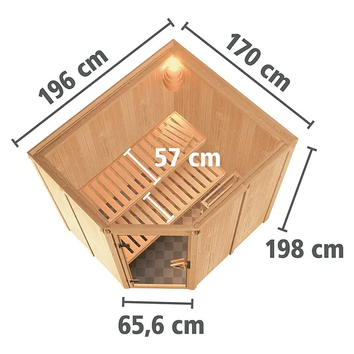 Karibu Elementsauna Siirin - Mit 9 kW Ofen mit integrierter Steuerung, Ohne Dachkranz, Materialspezifizierung Tür: Ganzglas Bronze, L x B x H: 196 x 170 x 192 cm - Abbildung einer Ecksauna mit Maßangaben für Breite, Länge und Höhe. Die Sauna ist aus hellem Holz gefertigt.