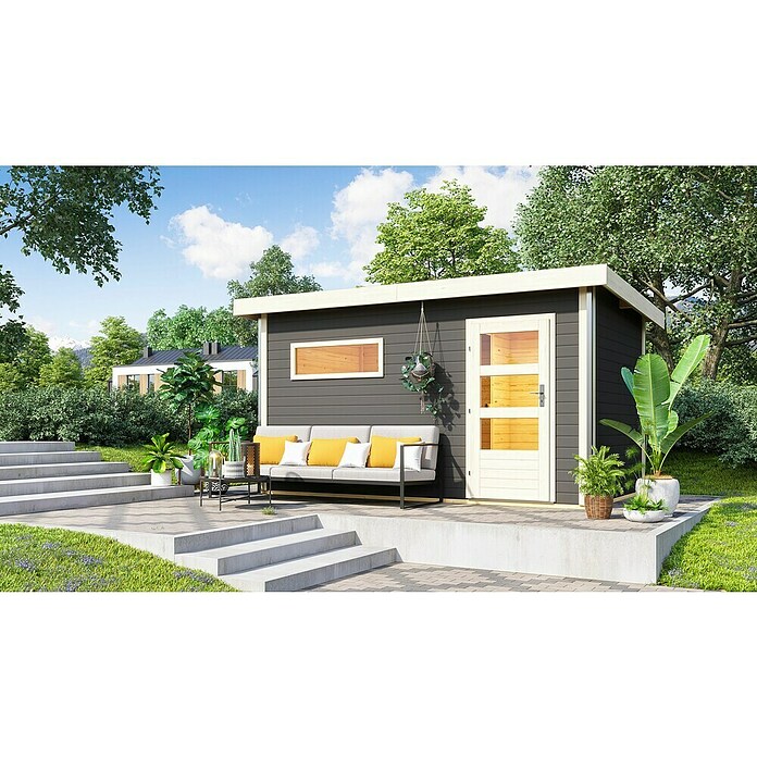 Karibu Saunahaus Danga (9 kW Saunaofen mit externer Steuerung, Terragrau, L x B x H: 231 x 396 x 227 cm) | BAUHAUS