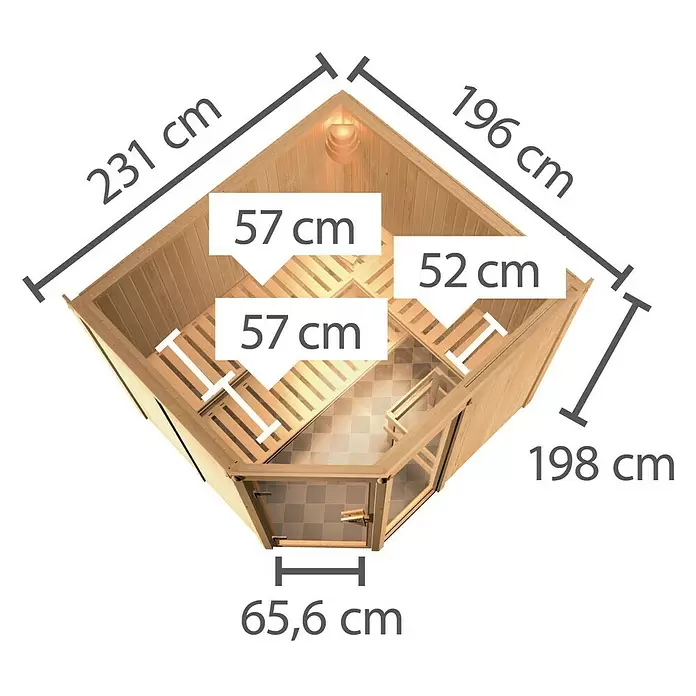 Karibu Elementsauna Mulilo - 9 kW Saunaofen mit integrierter Steuerung, L x B x H: 196 x 231 x 198 cm - Ecksauna aus Holz mit Glastür, detailliert mit Außen- und Innenmaßen.