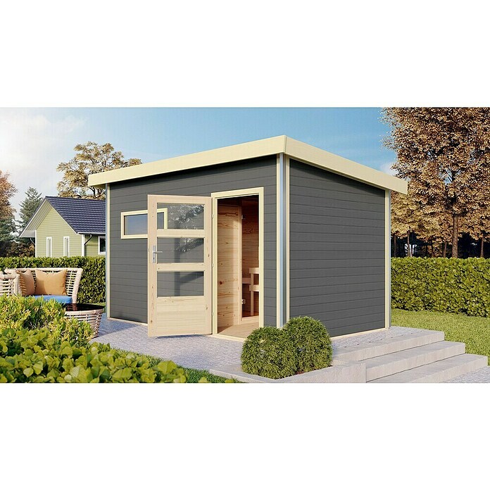 Karibu Saunahaus Danga (9 kW Saunaofen mit externer Steuerung, Terragrau, L x B x H: 231 x 396 x 227 cm) | BAUHAUS