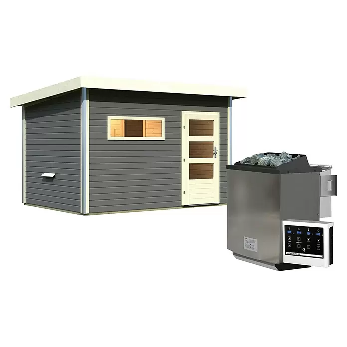 Karibu Saunahaus Danga - 9 kW Bio-Saunaofen mit externer Steuerung, Terragrau, L x B x H: 231 x 336 x 227 cm - Graue Außensaunakabine mit hellem Holzdekor und Edelstahl-Saunaofen mit digitalem Bedienfeld.