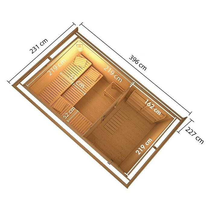 Karibu Saunahaus Danga (9 kW Saunaofen mit externer Steuerung, Natur, L x B x H: 231 x 396 x 227 cm) | BAUHAUS