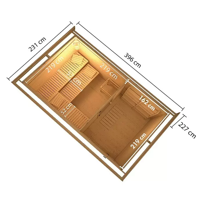Karibu Saunahaus Danga - 9 kW Saunaofen mit externer Steuerung, Terragrau, L x B x H: 231 x 396 x 227 cm - Grundriss einer Holzsauna mit L-förmiger Bank, einem kleineren Raum und Maßen in cm.