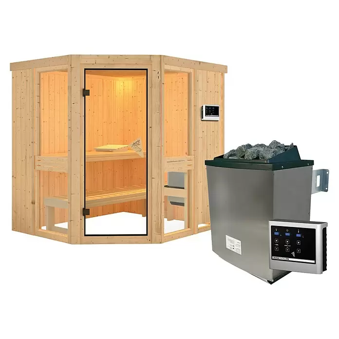 Karibu Massivholzsauna Arandis - 9 kW Saunaofen mit externer Steuerung, L x B x H: 184 x 210 x 198 cm - Leichte Ecksaunakabine aus Holz mit Glastür, separater Edelstahl-Saunaofen mit Steinen und digitaler Steuerung.