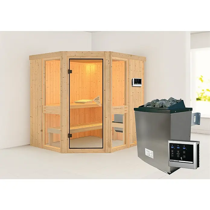 Karibu Massivholzsauna Arandis - 9 kW Saunaofen mit externer Steuerung, L x B x H: 184 x 210 x 198 cm - Nahaufnahme einer Sauna mit einem Holzofen und Steinen, die für ein entspannendes und authentisches Saunaerlebnis sorgen.