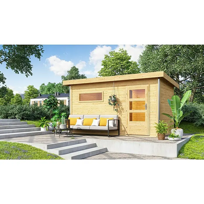 Karibu Saunahaus Danga - 9 kW Bio-Saunaofen mit externer Steuerung, Natur, L x B x H: 231 x 396 x 227 cm - Eine moderne, helle Holzgartenlaube mit gemütlicher Sitzecke und dekorativen Pflanzen auf einer gepflasterten Terrasse.