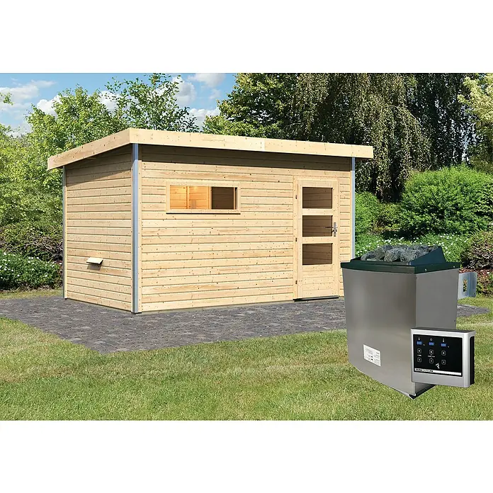 Karibu Saunahaus Danga - 9 kW Saunaofen mit externer Steuerung, Natur, L x B x H: 231 x 396 x 227 cm - Sauna mit Holzverkleidung und Saunaofen mit Steinen für ein entspannendes Saunaerlebnis im eigenen Garten.