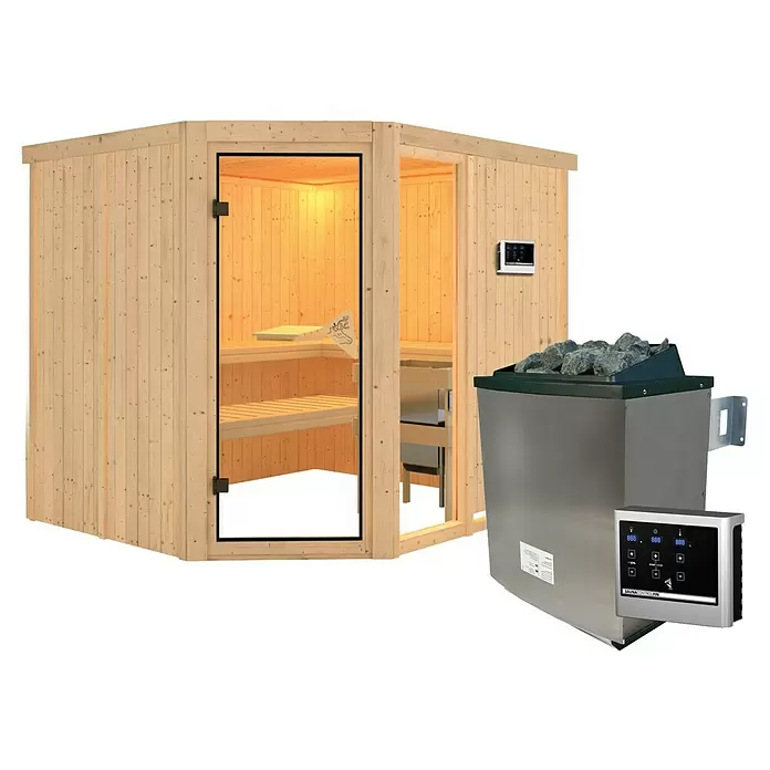 Karibu Elementsauna Mulilo - 9 kW Saunaofen mit externer Steuerung, L x B x H: 196 x 231 x 198 cm - Hölzerne Saunakabine mit Glastür, Bänken und externem Saunaofen mit zwei digitalen Bedienfeldern.