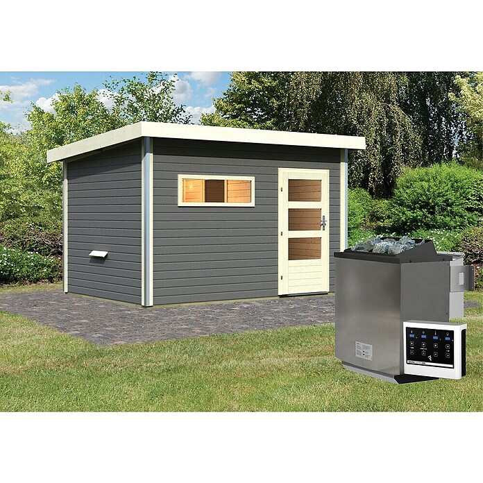 Karibu Saunahaus Danga (9 kW Bio-Saunaofen mit externer Steuerung, Terragrau, L x B x H: 231 x 396 x 227 cm) | BAUHAUS