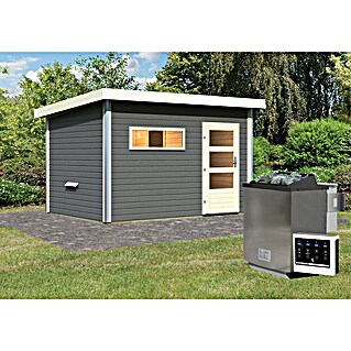 Karibu Saunahaus Danga (9 kW Bio-Saunaofen mit externer Steuerung, Terragrau, L x B x H: 231 x 396 x 227 cm)