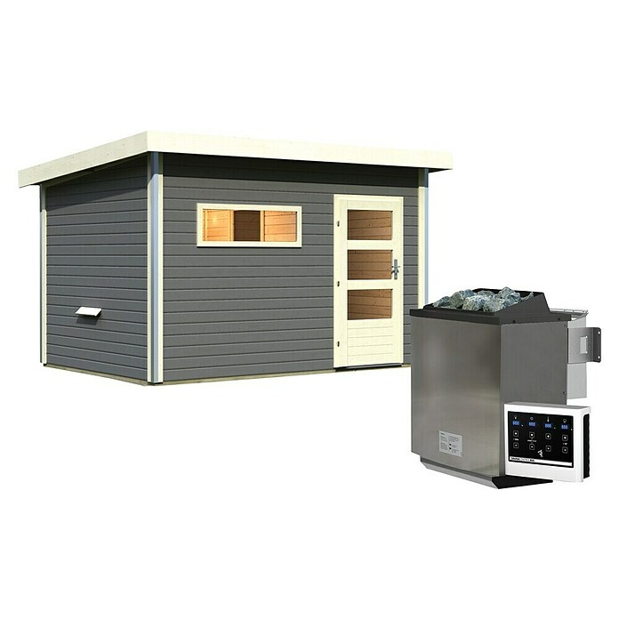 Karibu Saunahaus Danga (9 kW Bio-Saunaofen mit externer Steuerung, Terragrau, L x B x H: 231 x 396 x 227 cm) | BAUHAUS