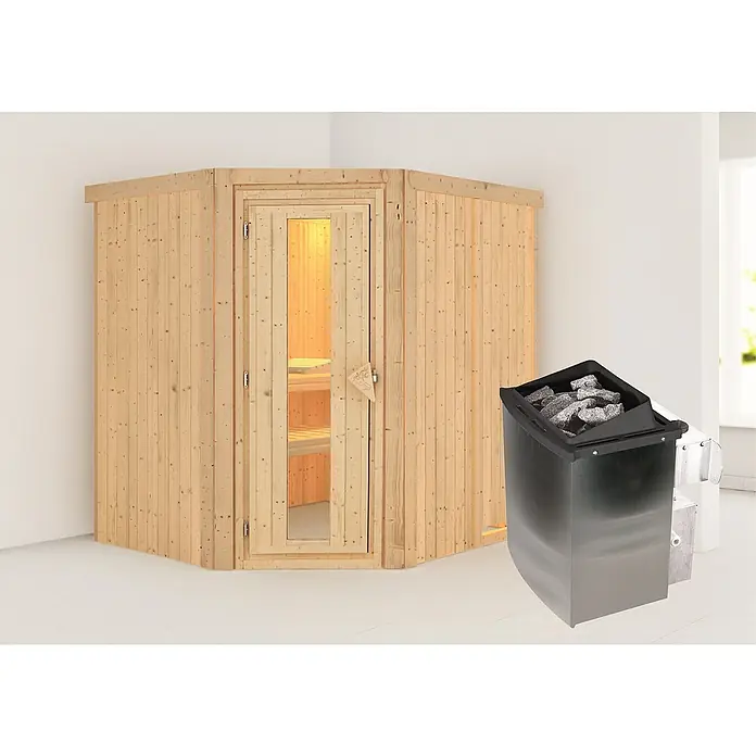Karibu Elementsauna Bukalo - 9 kW Saunaofen mit integrierter Steuerung, L x B x H: 170 x 196 x 198 cm - Eine moderne Sauna mit Holzwänden, Glastür und einem Saunaofen mit Lavasteinen für entspannende Wellnessmomente im eigenen Zuhause.