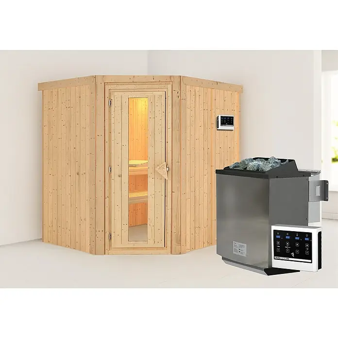 Karibu Elementsauna Bukalo - 9 kW Bio-Saunaofen mit externer Steuerung, L x B x H: 170 x 196 x 198 cm - Produktabbildung einer Ecksauna aus Holz mit einer Glastür und einem Saunaofen mit Steinen.