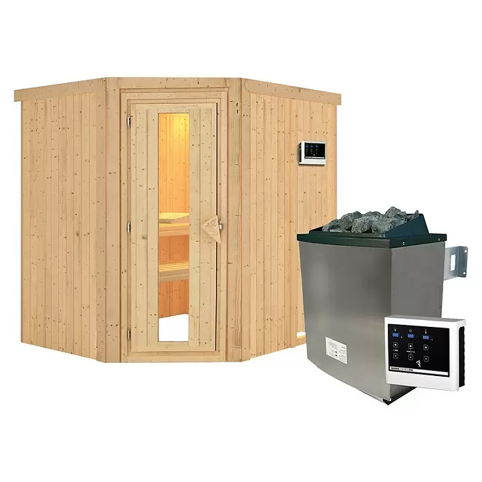 Karibu Elementsauna Bukalo - 9 kW Saunaofen mit externer Steuerung, L x B x H: 170 x 196 x 198 cm - Ecksaunakabine aus hellem Holz mit Glastür, komplett mit separatem Edelstahl-Ofen mit Steinen und zwei Bedienfeldern.