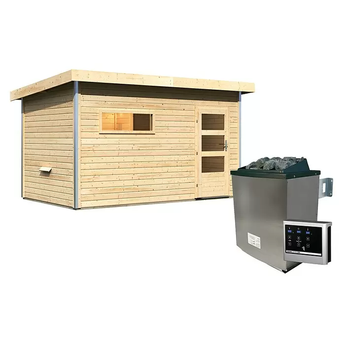 Karibu Saunahaus Danga - 9 kW Saunaofen mit externer Steuerung, Natur, L x B x H: 231 x 396 x 227 cm - Hölzerne Außensaunakabine aus hellem Holz und ein metallischer Saunaofen mit Steinen und digitalem Bedienfeld.