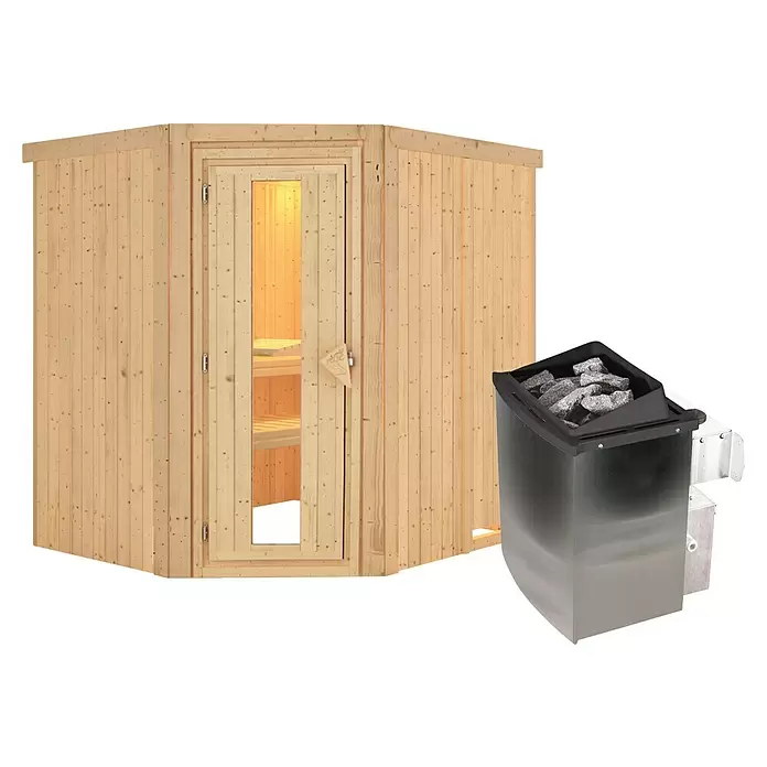 Karibu Elementsauna Bukalo - 9 kW Saunaofen mit integrierter Steuerung, L x B x H: 170 x 196 x 198 cm - Hölzerne Ecksaunakabine mit Glastür und separatem Metalsaunaofen mit Steinen.