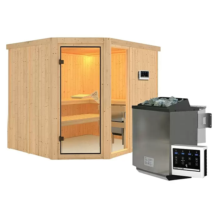 Karibu Elementsauna Mulilo - 9 kW Bio-Saunaofen mit externer Steuerung, L x B x H: 196 x 231 x 198 cm - Eckige Holzsaunakabine mit Glastür und Bänken, daneben ein Metall-Saunaofen mit Steinen und ein digitales Bedienfeld.