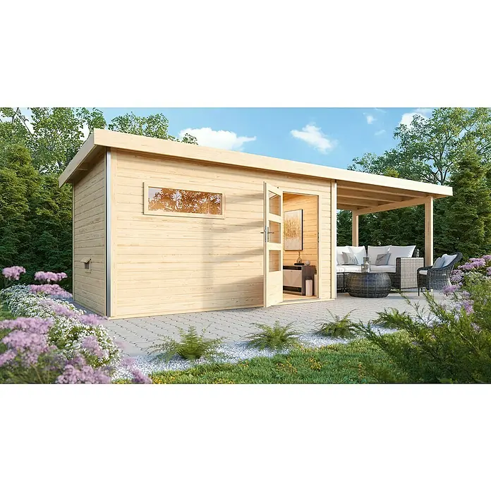 Karibu Saunahaus Danga - 9 kW Bio-Saunaofen mit externer Steuerung, Natur, L x B x H: 231 x 396 x 227 cm - Abgebildet ist ein modernes Gartenhaus mit Flachdach und angrenzender überdachter Terrasse mit Gartenmöbeln im Außenbereich.