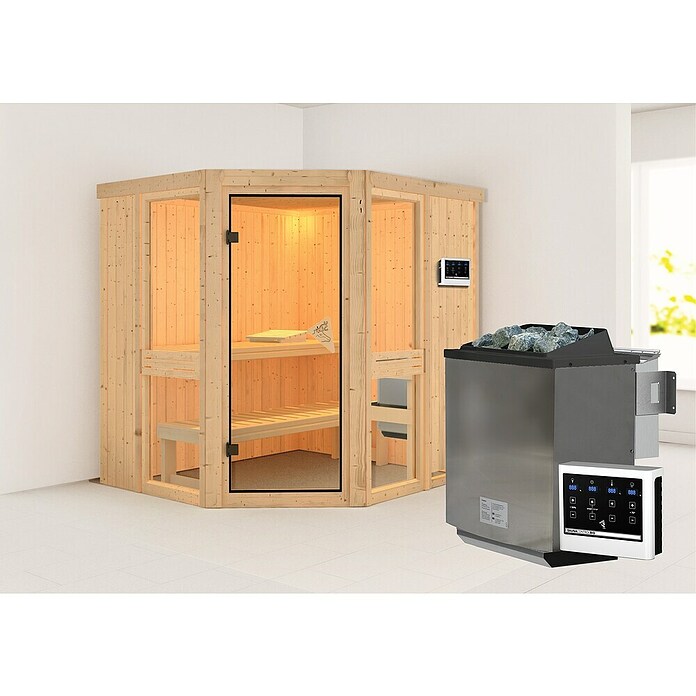 Karibu Massivholzsauna Arandis (9 kW Bio-Saunaofen mit externer Steuerung, L x B x H: 184 x 210 x 198 cm) | BAUHAUS