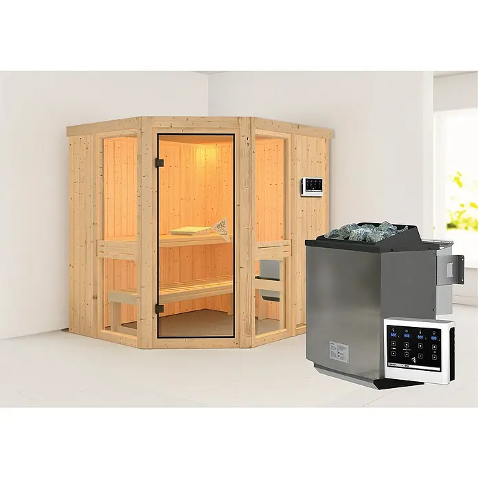 Karibu Massivholzsauna Arandis - 9 kW Bio-Saunaofen mit externer Steuerung, L x B x H: 184 x 210 x 198 cm - Saunaraum mit Holzverkleidung und Saunaofen mit Steinen. Infrarotkabine mit Holzbänken und Glastür.