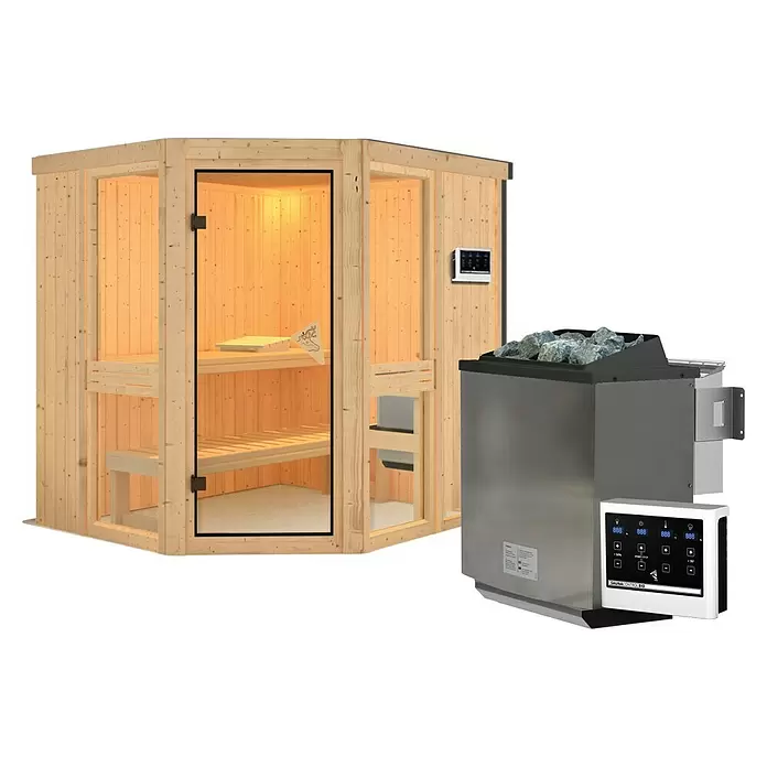 Karibu Massivholzsauna Arandis - 9 kW Bio-Saunaofen mit externer Steuerung, L x B x H: 184 x 210 x 198 cm - Holzsaunakabine mit Glastür, Edelstahlheizer und zwei Bedienfeldern.