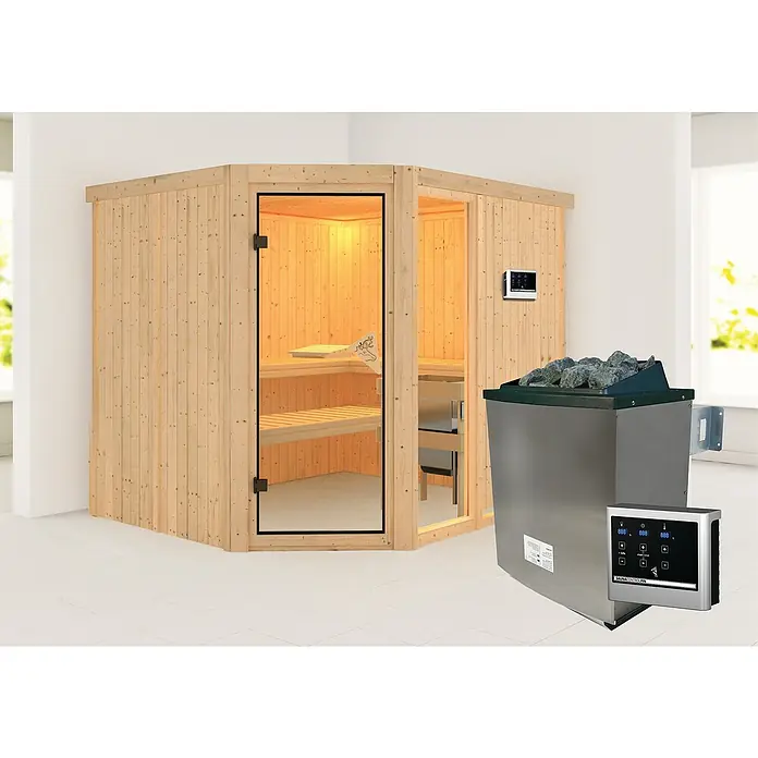 Karibu Elementsauna Mulilo - 9 kW Saunaofen mit externer Steuerung, L x B x H: 196 x 231 x 198 cm - Saunaanlage mit Holzverkleidung, Glastür und Ofen mit Steinen, dazu ein digitales Bedienfeld.