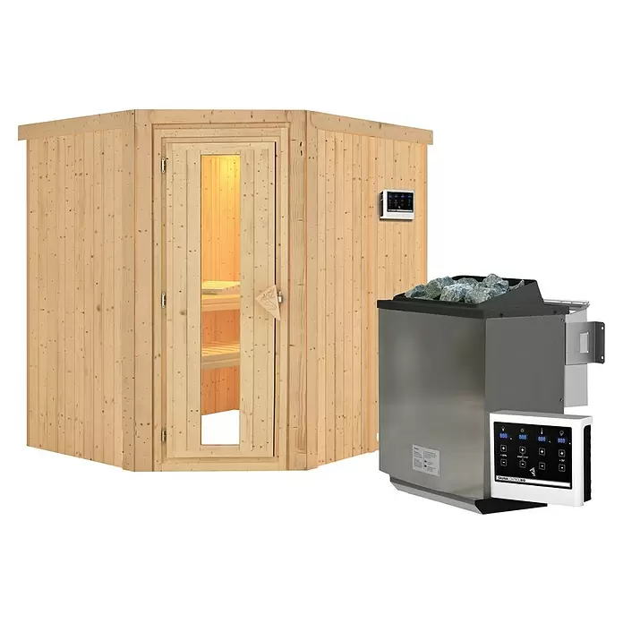 Karibu Elementsauna Bukalo - 9 kW Bio-Saunaofen mit externer Steuerung, L x B x H: 170 x 196 x 198 cm - Helle Holzsaunakabine mit Glastür, einem Edelstahl-Saunaofen und einem separaten digitalen Bedienfeld.