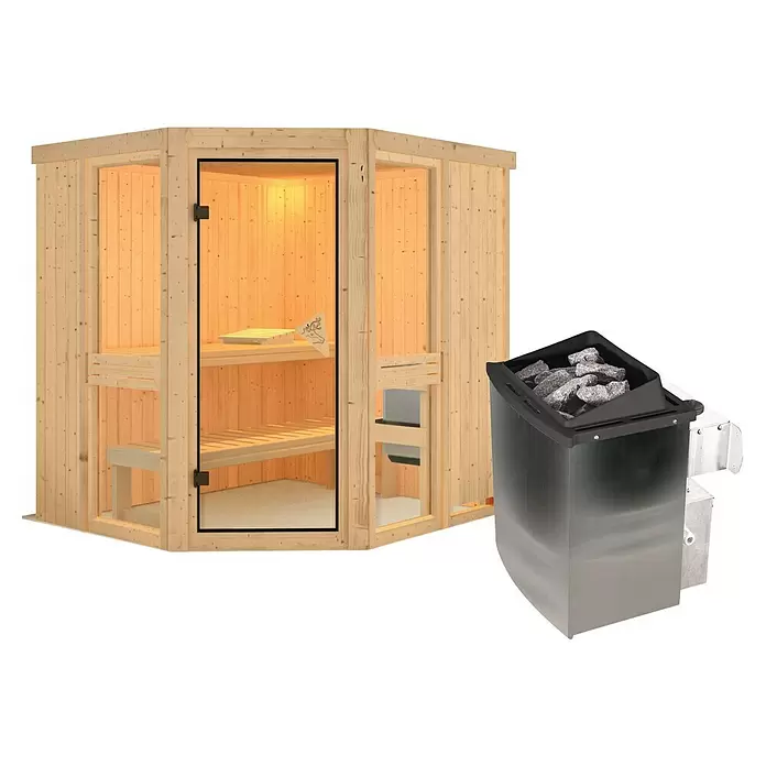 Karibu Massivholzsauna Arandis - 9 kW Saunaofen mit integrierter Steuerung, L x B x H: 184 x 210 x 198 cm - Ecksaunakabine aus Holz mit Glastür und schwarzem, silbernem Elektro-Saunaofen mit Steinen.