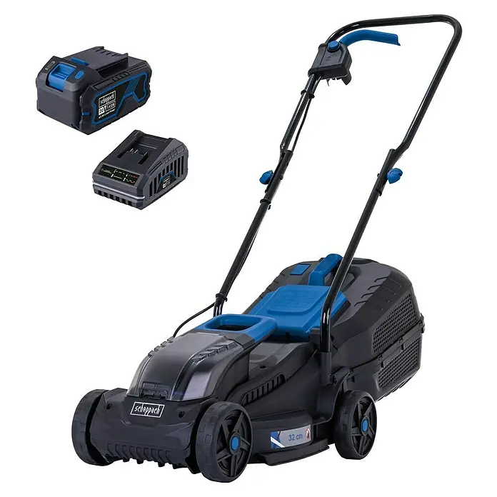 Scheppach IXES 20V Akku-Rasenmäher BC-MP320-X - 20 V, 1 Akku, 4 Ah, Schnittbreite: 32 cm - Scheppach Akku-Rasenmäher mit Akku und Ladegerät für kabelloses und effizientes Rasenmähen im Garten.
