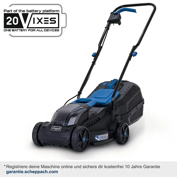 Scheppach IXES 20V Cortacésped de batería BC-MP320-X - 20 V, 1 batería, 4 Ah, Ancho de corte: 32 cm - Cortacésped inalámbrico Scheppach con plataforma de batería de 20 V, perfecto para cualquier jardín. Fácil de usar y libertad sin cables.