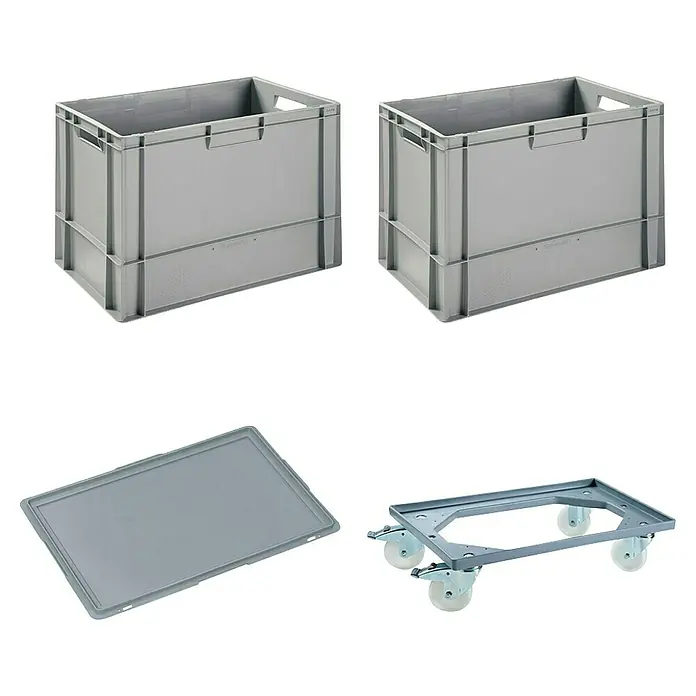 BAUHAUS Caja Euro + base con ruedas - 76 l, L x An x Al: 60 x 40 x 40 cm, 4 pzs. - Dos contenedores Euro grises, una tapa y una tabla de rodillos con cuatro ruedas. Solución práctica para almacén.