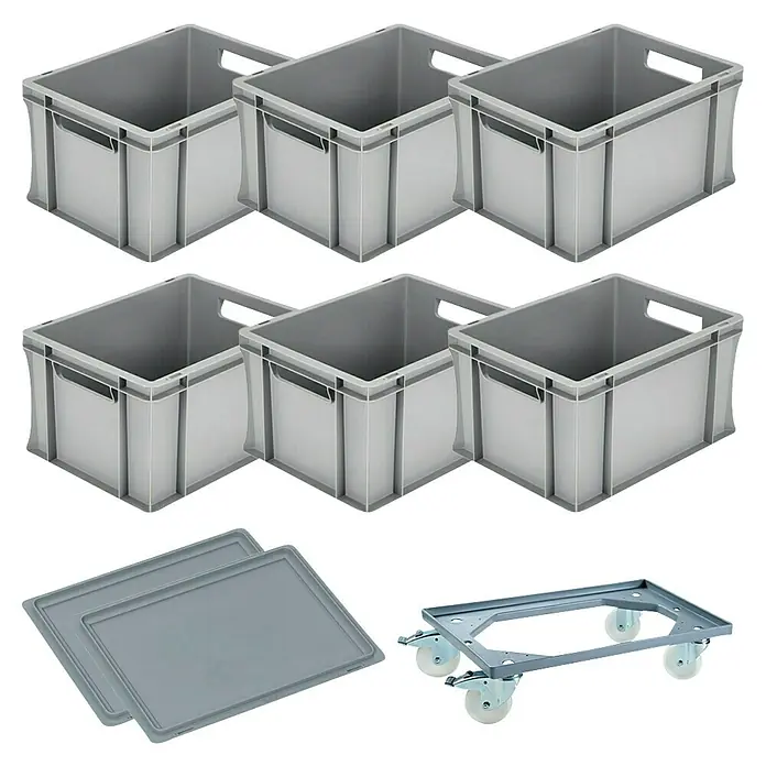 BAUHAUS Caja Euro + base con ruedas - 20 l, L x An x Al: 40 x 30 x 22 cm, 9 pzs. - Seis cajas Euro grises, dos tapas y una plataforma rodante se muestran sobre un fondo negro.