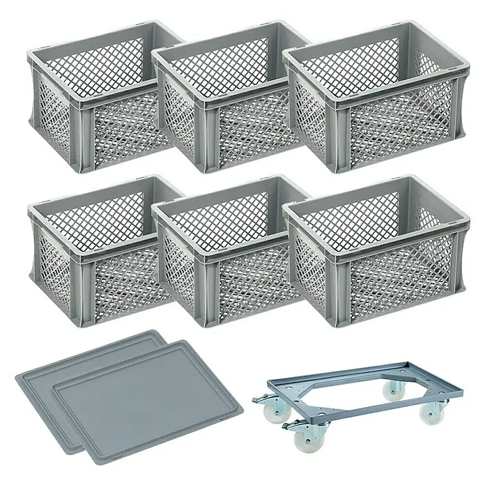 BAUHAUS Caja Euro rejilla + base con ruedas - 20 l, L x An x Al: 40 x 30 x 22 cm, 9 pzs. - La imagen muestra un conjunto de seis cajas de almacenamiento de plástico grises, dos tapas y un carro para transportar fácilmente las cajas.