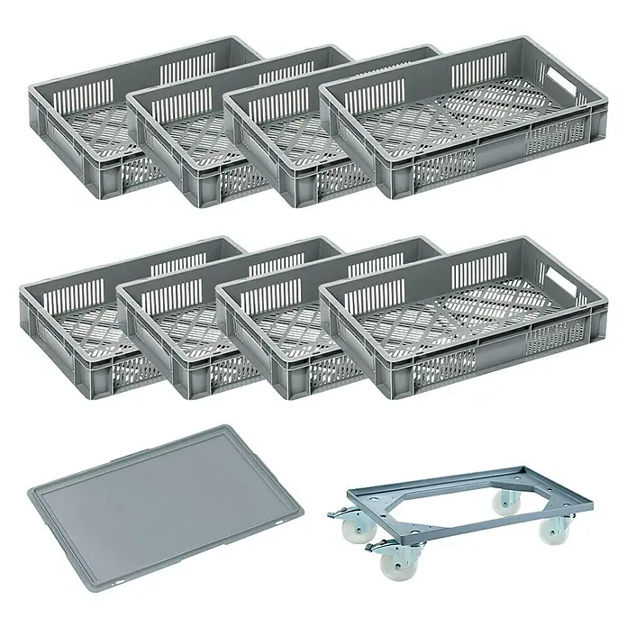 BAUHAUS Caja Euro rejilla + base con ruedas - 20 l, L x An x Al: 60 x 40 x 12 cm, 10 pzs. - Contenedores apilables de plástico gris con tapa y carro para facilitar el transporte y el almacenamiento.