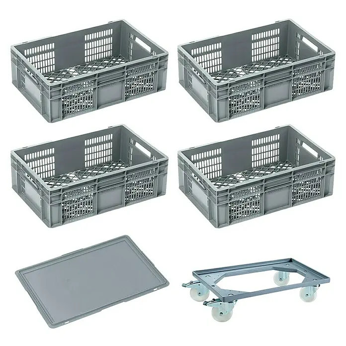 BAUHAUS Caja Euro + base con ruedas - 40 l, L x An x Al: 60 x 40 x 20 cm, 6 pzs. - Cuatro contenedores de plástico gris, una tapa y una plataforma con ruedas. Ideal para almacenamiento y transporte.