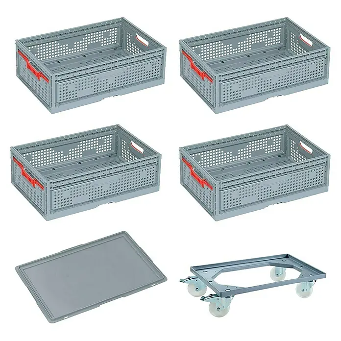 BAUHAUS Caja Euro + base con ruedas - 39 l, L x An x Al: 60 x 40 x 20 cm, 6 pzs. - Cuatro cajas plegables grises con asas rojas, una tapa y un carro con ruedas para facilitar el transporte.