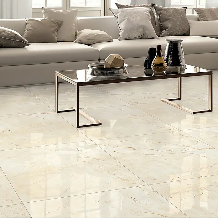 Feinsteinzeugfliese Mercury - 80 x 80 cm, Crema, Glänzend - Elegante Fliesen mit Marmoroptik. Die Bodenfliesen verleihen dem Raum eine luxuriöse und moderne Note.