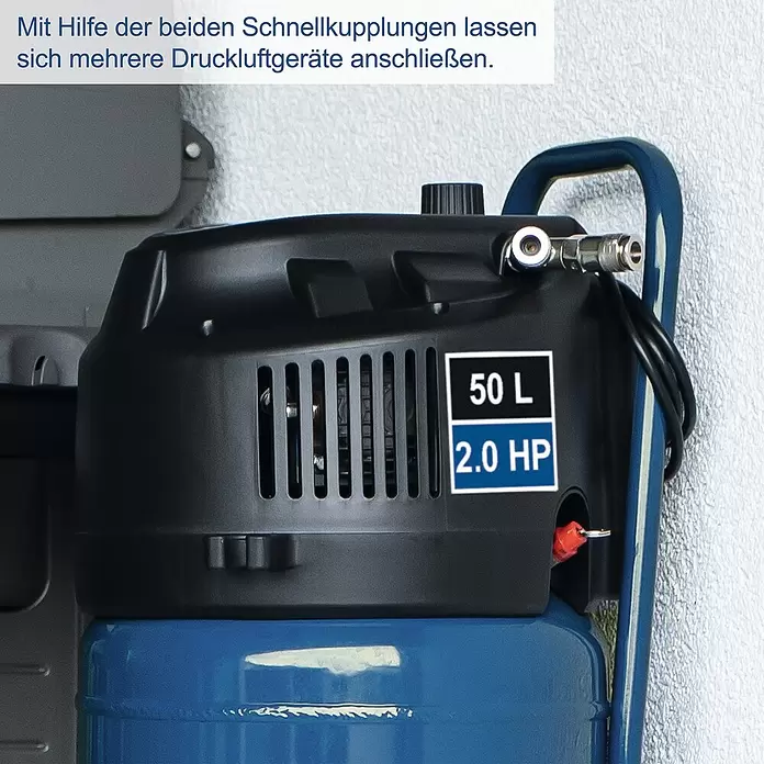 Scheppach Kompressor HC51V - 1.500 W, Max. Druck: 10 bar, 50 l, 230 V, Ansaugleistung: 220 l/min - Blauer Kompressor (50 L, 2,0 PS) mit schwarzem Gehäuse und Schnellkupplungen für Druckluftgeräte.
