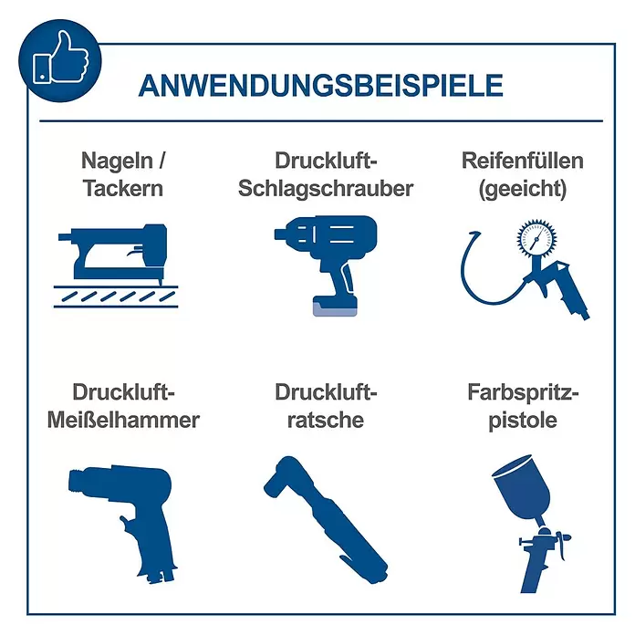 Scheppach Kompressor HC51V - 1.500 W, Max. Druck: 10 bar, 50 l, 230 V, Ansaugleistung: 220 l/min - Blaue Silhouetten von Druckluftwerkzeugen: Nagler, Schlagschrauber, Reifenfüller, Meißelhammer, Ratsche, Farbspritzpistole.