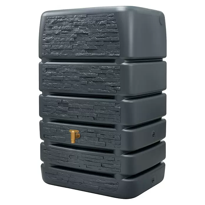4rain Regentonne Mauertank Slim Stone - 510 l, Graphite grey - Dunkelgraue, rechteckige Regentonne mit steinförmiger Textur und Messinghahn.