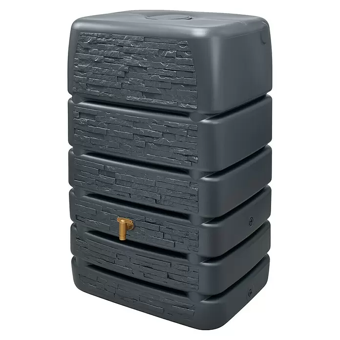 4rain Regentonne Mauertank Slim Stone - 510 l, Graphite grey - Dunkelgraues Kunststoff-Regenfass mit Steinoptik-Textur und Messinghahn zur Regenwassersammlung.