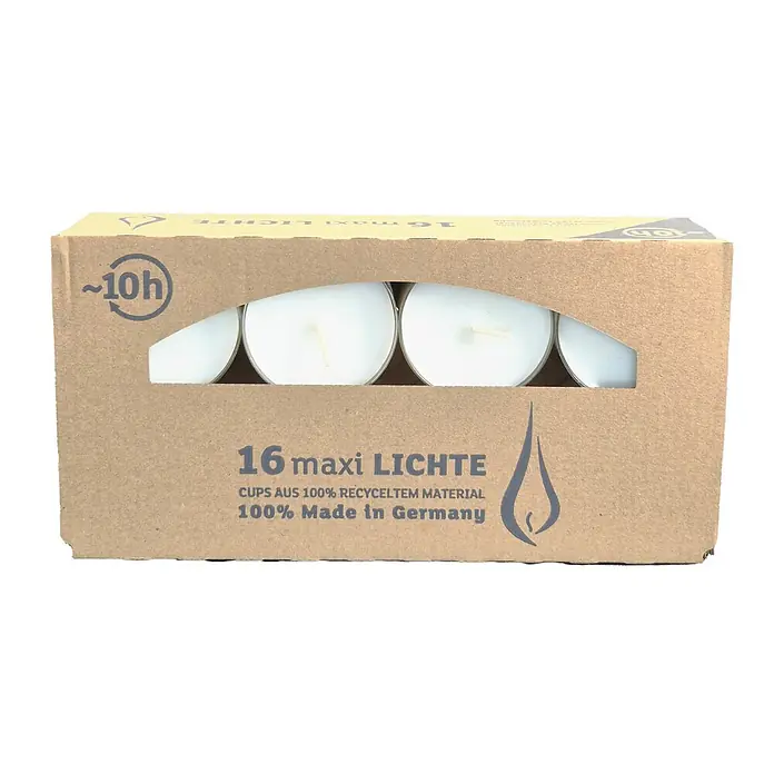 Teelichter Maxilichte - 16 Stk., Weiß - Eine Packung mit 16 Maxi-Teelichtern, hergestellt in Deutschland, mit einer Brenndauer von ca. 10 Stunden und recycelten Bechern.