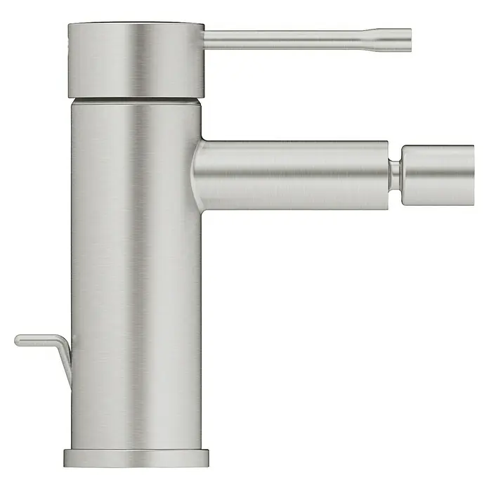 Grohe Essence New Bidetarmatur - Supersteel, Glänzend - Nahaufnahme eines stilvollen, gebürsteten Nickel-Wasserhahns mit modernem Design und klaren Linien. Ideal für moderne Badezimmer.