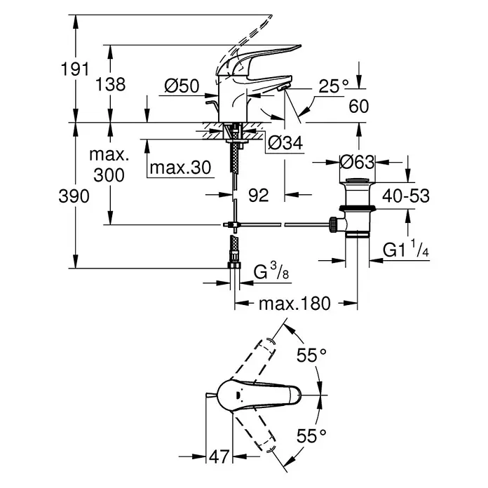 Grohe Euroeco Special Waschtischarmatur - Chrom, Glänzend - Produktbild mit Maßangaben einer Armatur, inklusive Höhe, Durchmesser und Winkel.